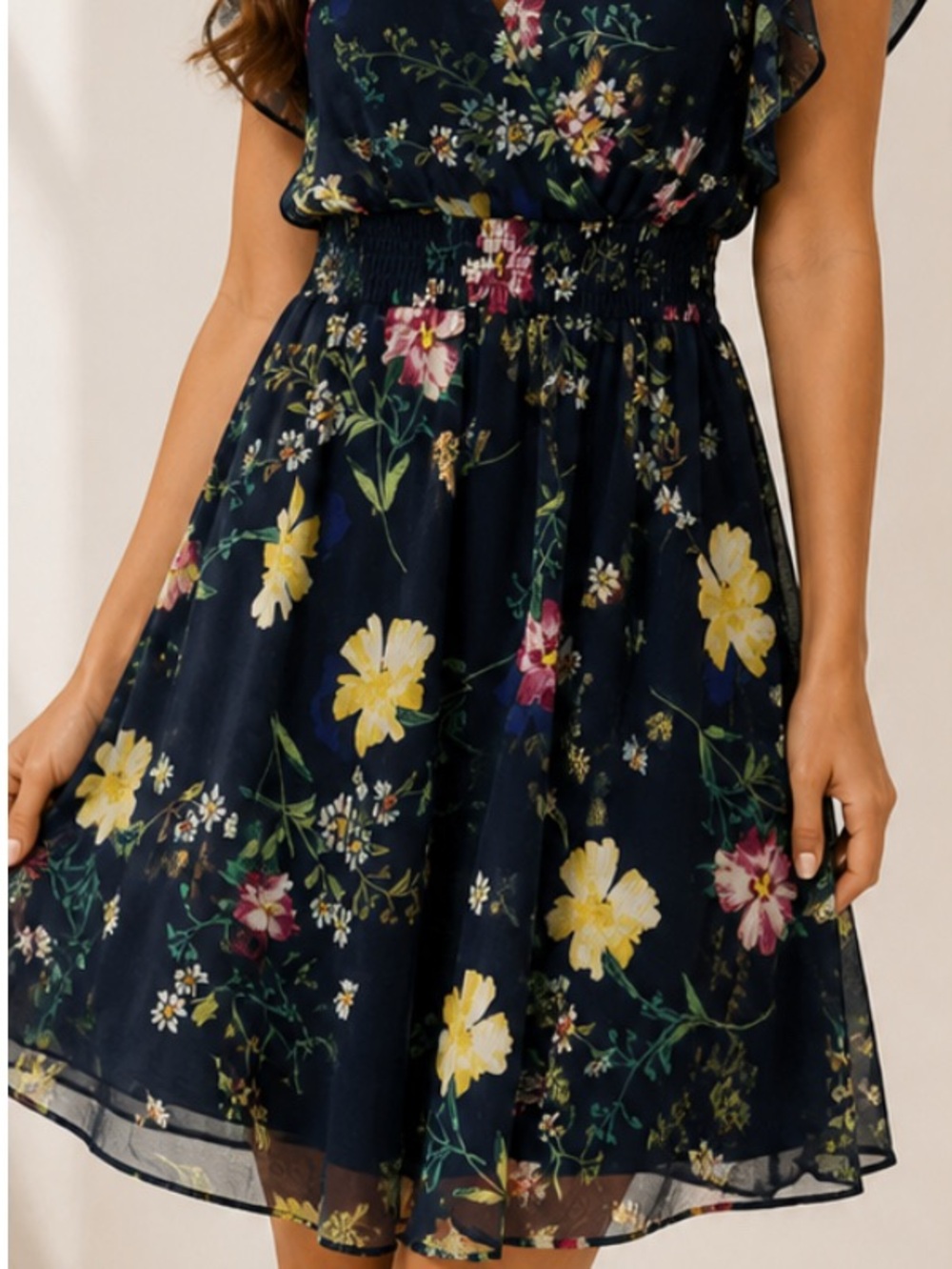DKNY Navy Floral V-Neck Dress with Yellow and Pink Accents